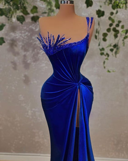 Glamorous Royal Blue Velvet Evening Dress, Unique Design Straps Evening Gown With High Split Y719