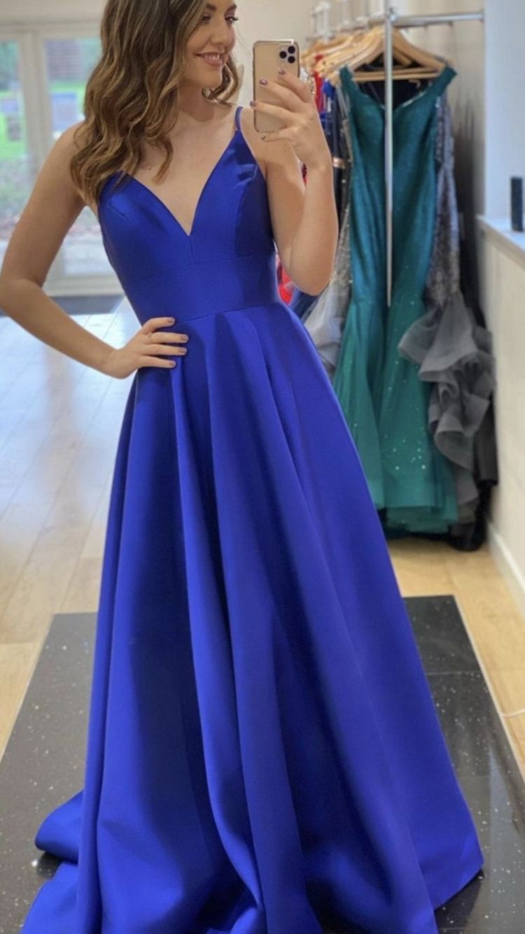 A-line V Neck Royal Blue Satin Evening Dress Graduation Dress Y433