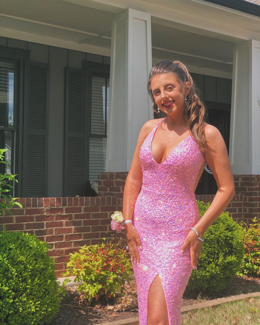 Pink Halter Neckline Sequins Prom Dress Sexy Evening Dress Side Slit Y268