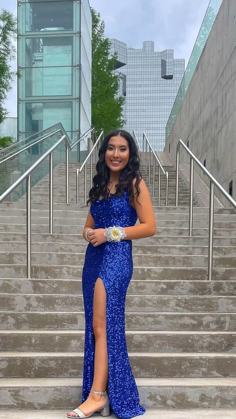 Royal Blue Sequins Long Prom Dress With Side Slit Elegant Evening Gown  Y128