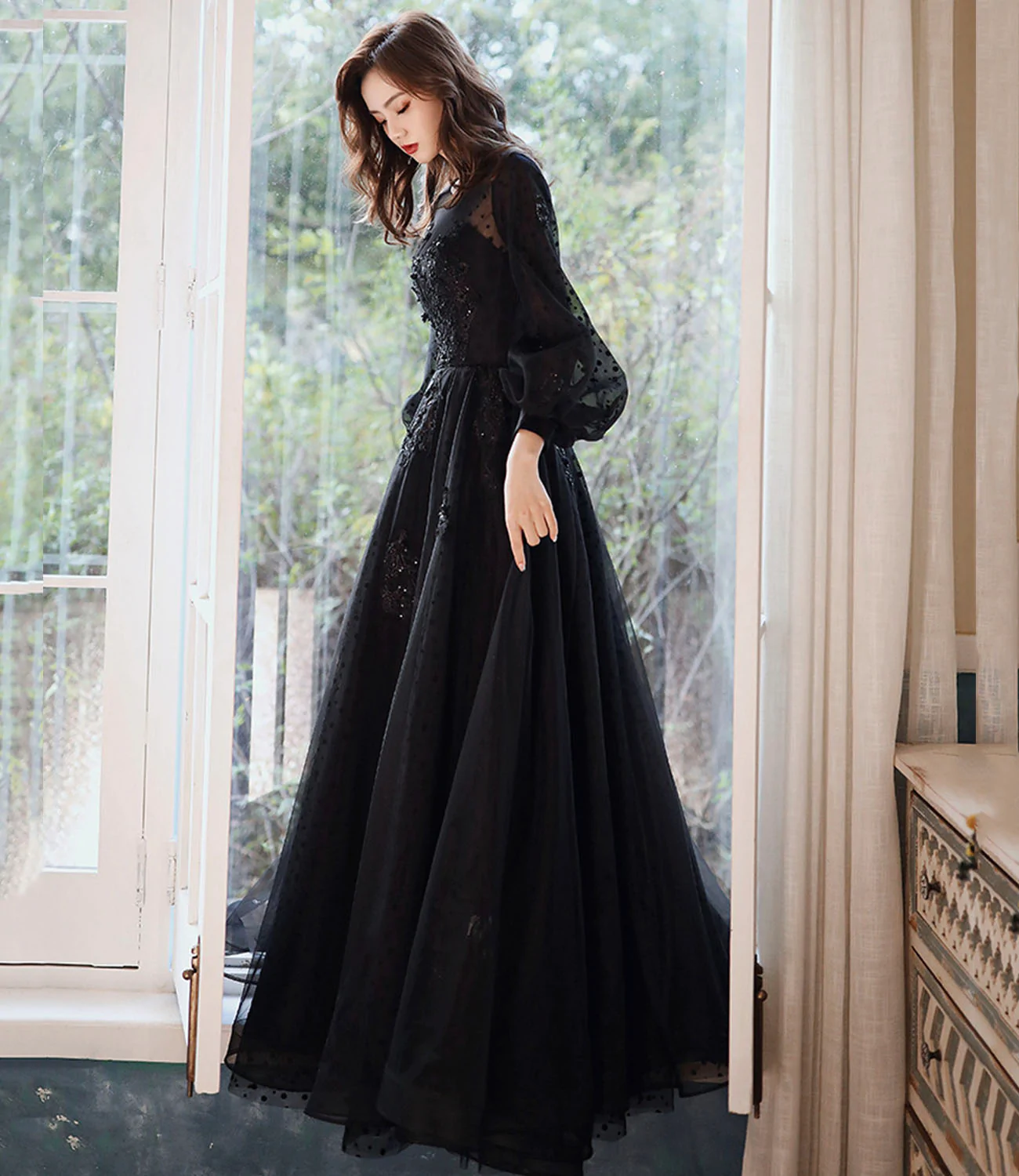 Black lace long prom dress A line evening gown Y1294