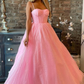 Shiny Pink Tulle Long Prom Dress, Spaghetti Straps Pink Formal Dress, Sparkly Pink Evening Dress Y209