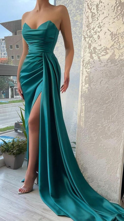 Green Strapless Satin Long Evening Dress Y126