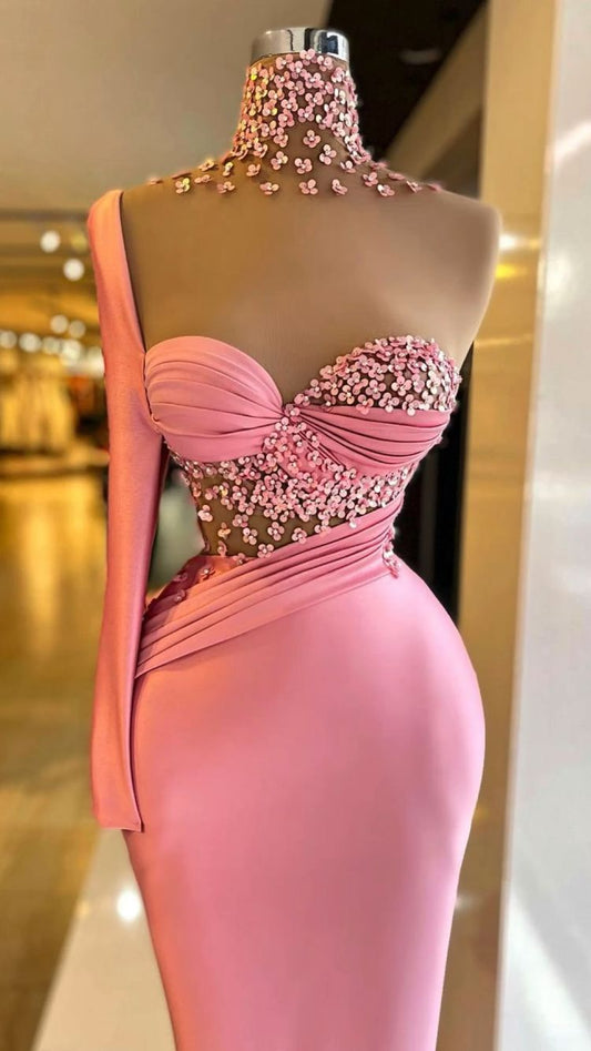 Pink Mermaid Prom Dress One Sleeve Prom Dress Y73