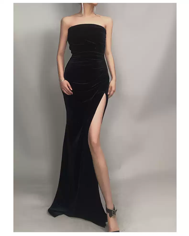 Elegant Strapless Black Velvet Prom Dress With Slit,Gala Dress Y1412