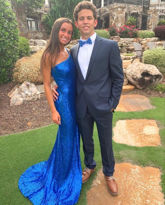 One Shoulder Royal Blue Sequin Mermaid Prom Dresses Y1264