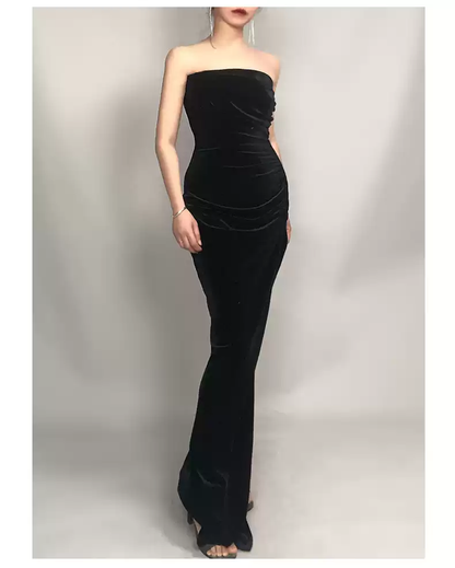 Elegant Strapless Black Velvet Prom Dress With Slit,Gala Dress Y1412