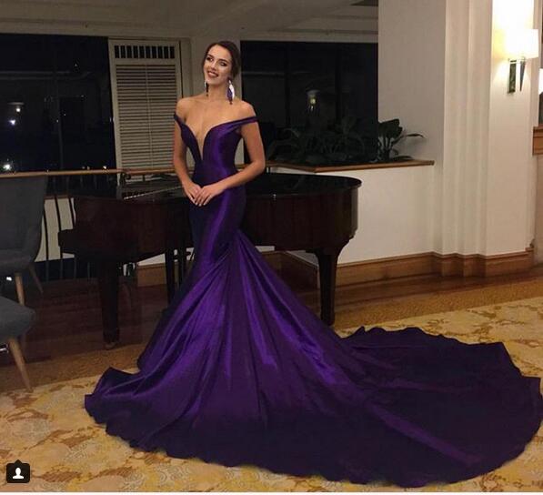 Purple Mermaid Prom Dresses Off the Shoulder Satin Evening Formal Gowns Chapel Train Y1842