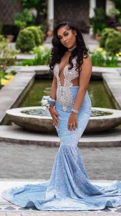 Blue Sequin Mermaid Prom Dress,African Prom Dress,Black Girls Prom Gown Y1497