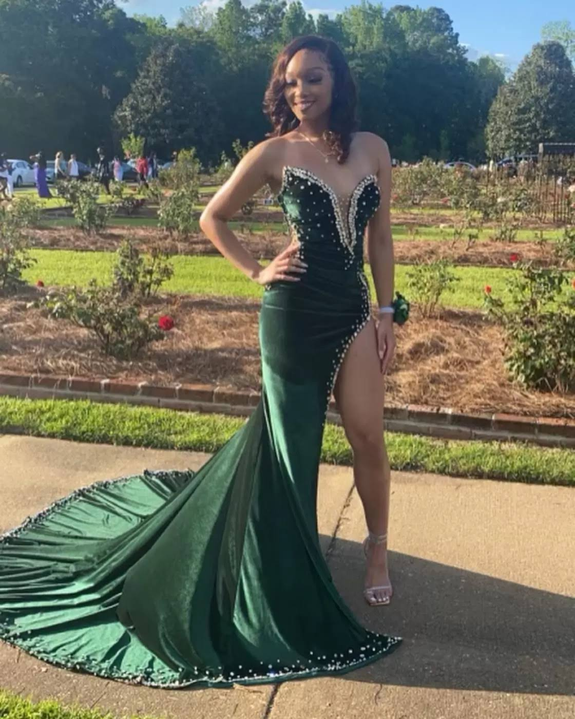 Green Velvet Sexy Strapless Prom Dresses Women Custom Split Long Evening Dress Y1422