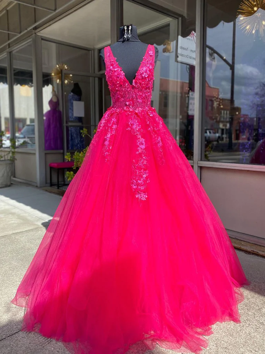 V Neck Pink Lace Prom Dresses, Pink V Neck Long Lace Formal Evening Dresses Y227