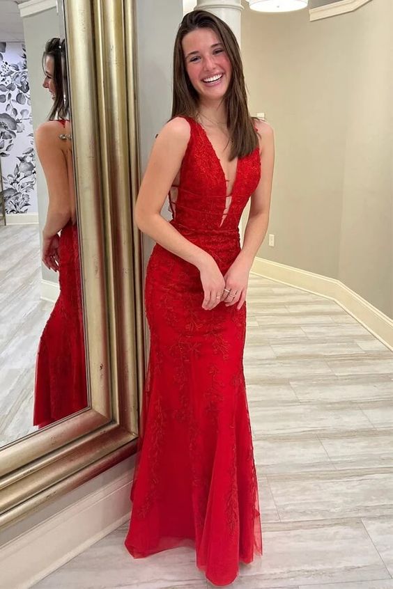 Red Lace Appliques Mermaid Deep V Neck Long Prom Dresses, Evening Dress Y369