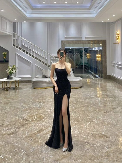 Charming Black Strapless Prom Dress High Side Slit Sheath/Column Black Evening Dress Y386