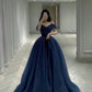 Off The Shoulder Blue Sparkly Evening Dress Generous A-line Prom Dress Y389