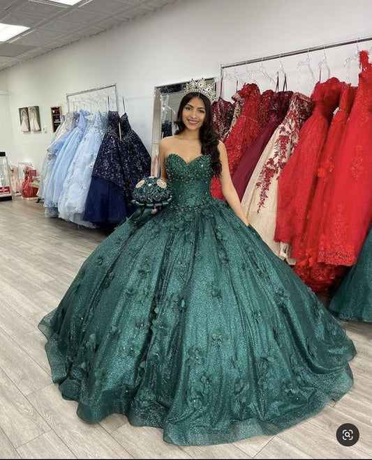 Romantic Dark Green Sweetheart Neckline Adult Dress Appliqued Lace Bustier Sweetheart Ball Gown Y289