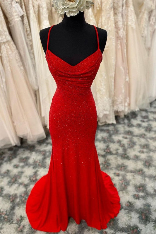 Mermaid Long Red Prom Dress with Rhinestones Y280