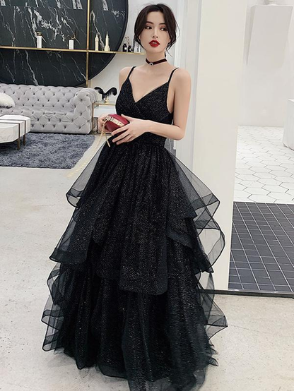 Shiny Black V Neck Prom Dresses, Backless Black V Neck Formal Evening Dress Y1767