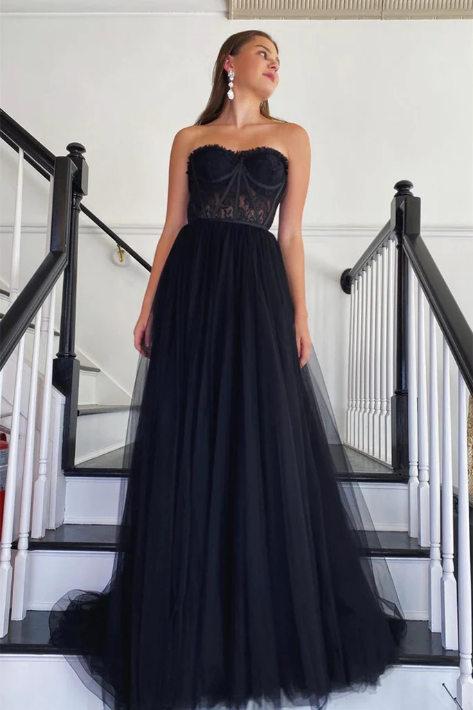 Strapless Black Lace Tulle Long Prom Dress, Black Lace Formal Dress, Black Evening Dress Y205