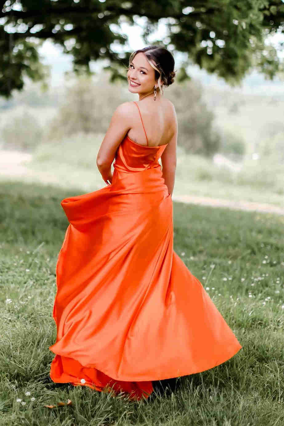Cowl Neck Green Satin A-Line Formal Dress with Slit,Modest Prom Dress Y1884
