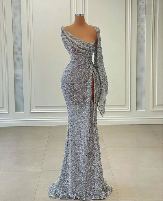 Mermaid Sequin Long Prom Dress Irregular Neckline Charming Evening Gown Y269