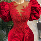 Luxury Red Mermaid Prom Dresses Lace Beaded Sheer Neck Evening Dress Formal Party Wear Y02