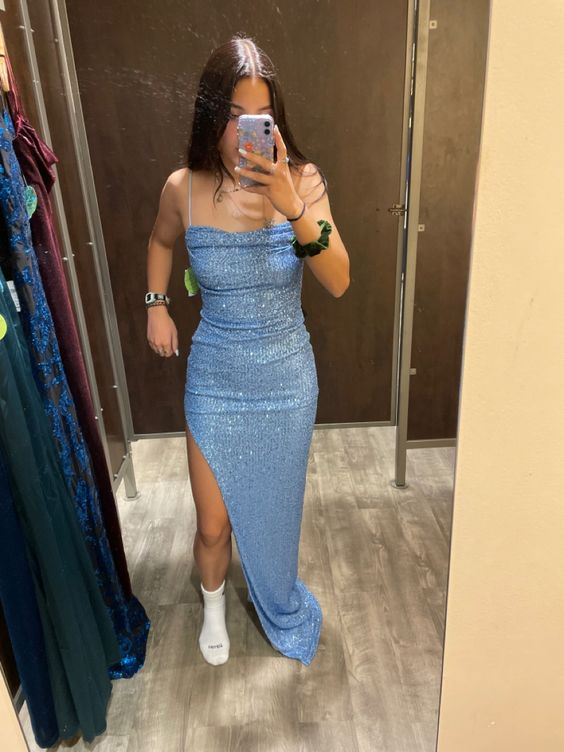 Blue Sheath/Column Sequins Evening Dress Sexy Evening Gown Y446