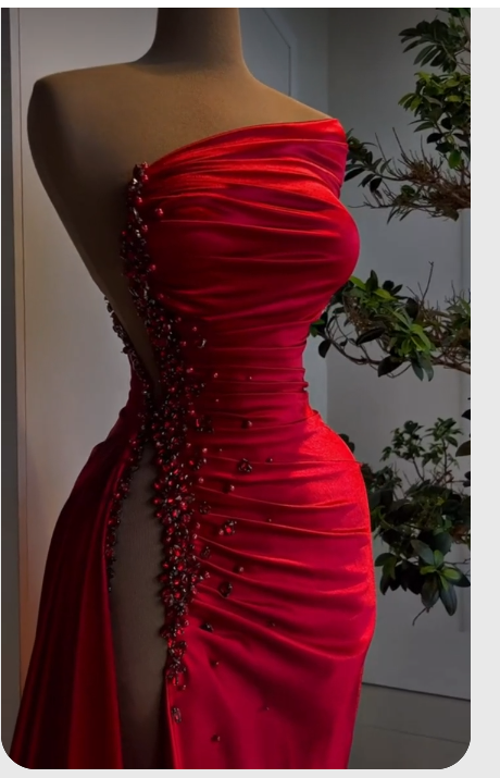 Red Asymmetrical Neckline Satin Pleated High Slit Evening Dress Charming Formal Gown Y379