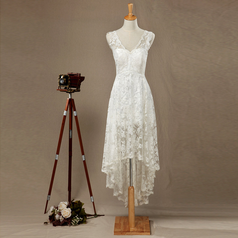 Charming A-line V Neck White Lace Hi-low Prom Dress,White Short Prom Dress Y1780