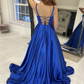Simple A Line Royal Blue Satin Long Prom Dress, Long Blue Formal Graduation Evening Dress Y225