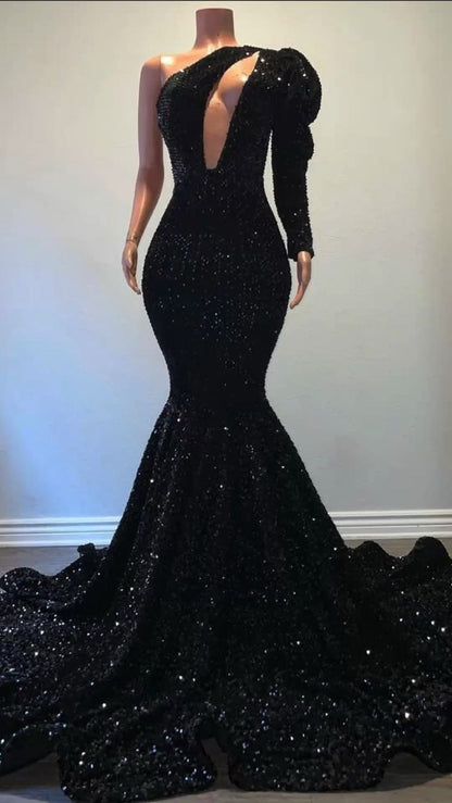 Black Sequins Long Prom Dress One Puffy Sleeve Mermaid Evening Dress Y15