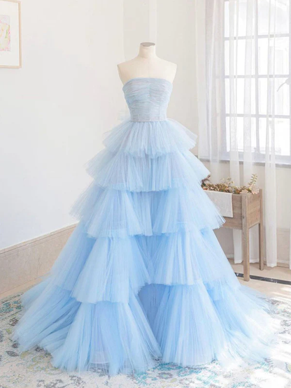 Winter Blue Tulle Long Prom Dress, Blue Layered Tulle Evening Dress Y393