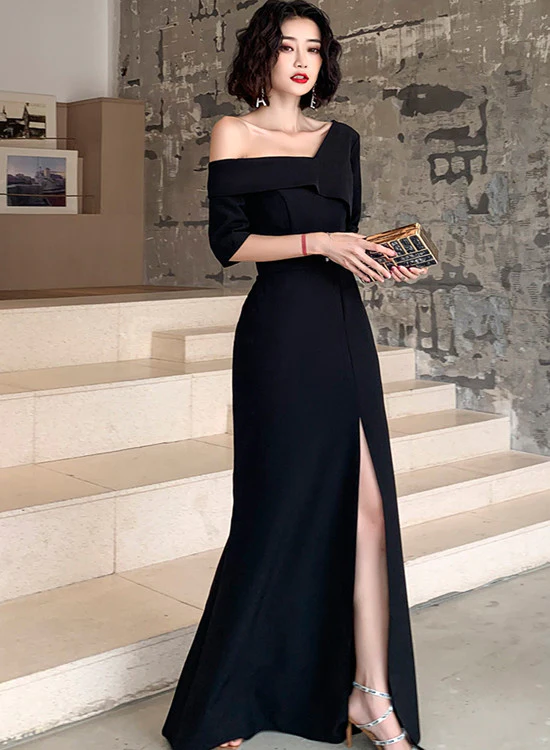 Black One Shoulder Slit Long Evening Dress, Black Formal Dress Prom Dress Y946