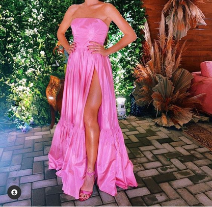 Strapless Pink Satin Long Evening Dress Classy Pink Prom Dress Y442
