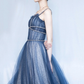 Shiny tulle long A line prom dress blue evening dress Y105