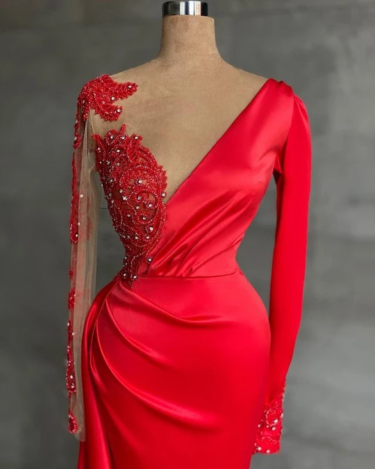 Long Red Satin Evening Dresses, Sheer Neckline Long Sleeve Beaded African High Slit Women Formal Prom Dress S24678