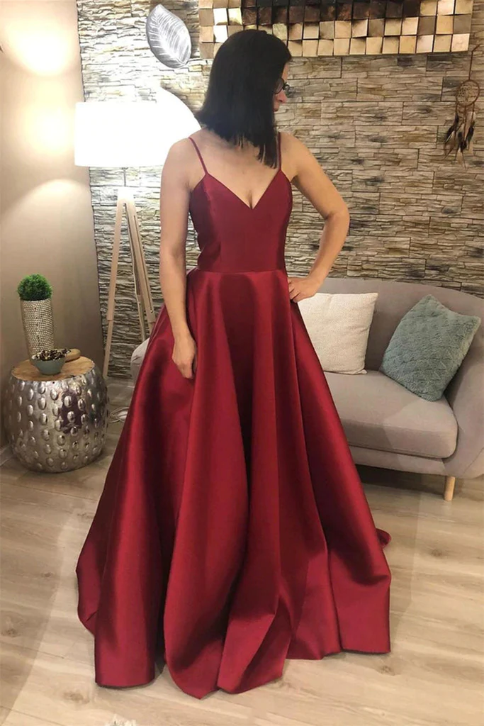 V Neck Open Back Burgundy Satin Long Prom Dress, V Neck Burgundy Formal Graduation Evening Dress Y210