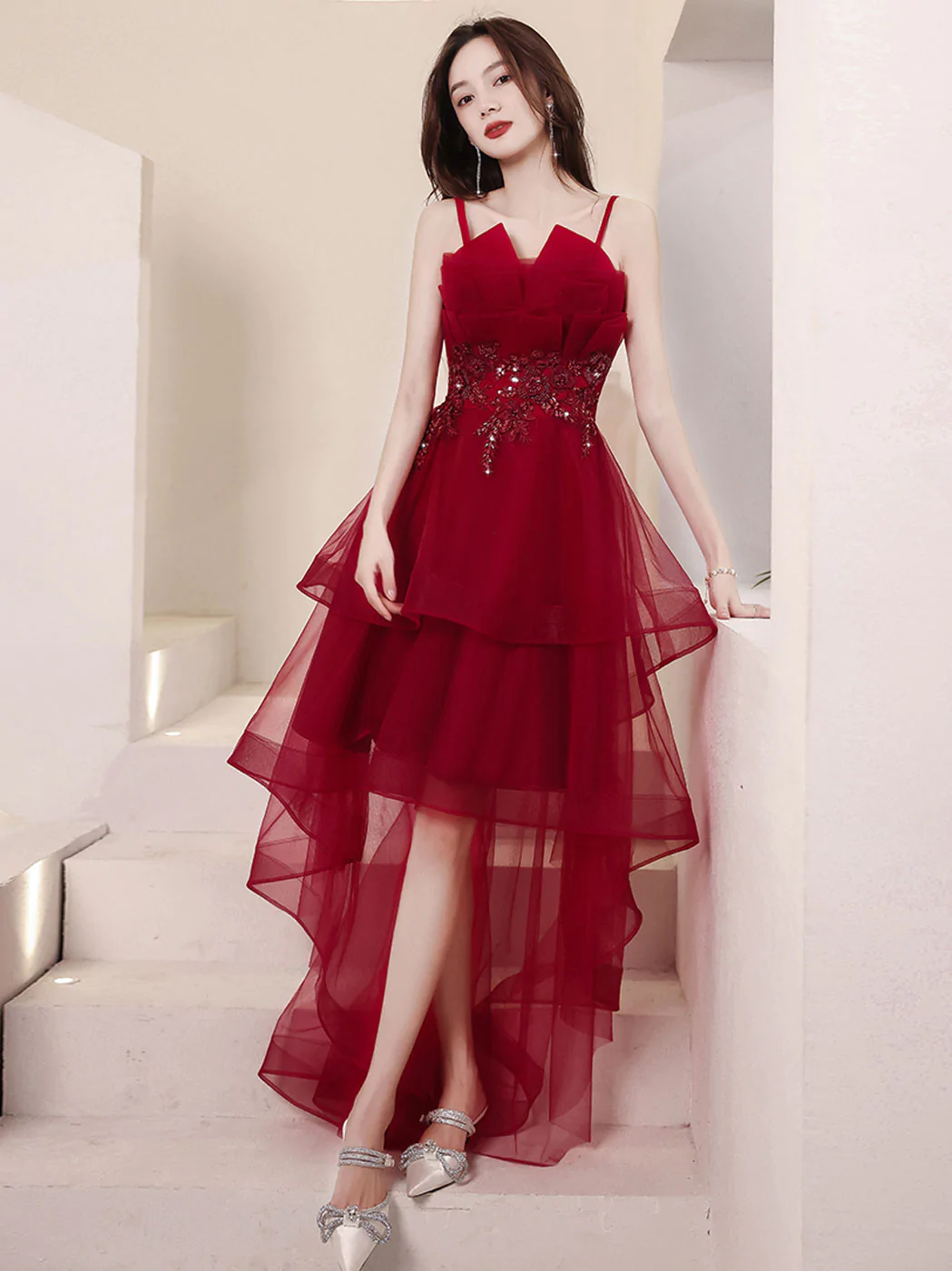 Burgundy High Low Prom Dresses Y258