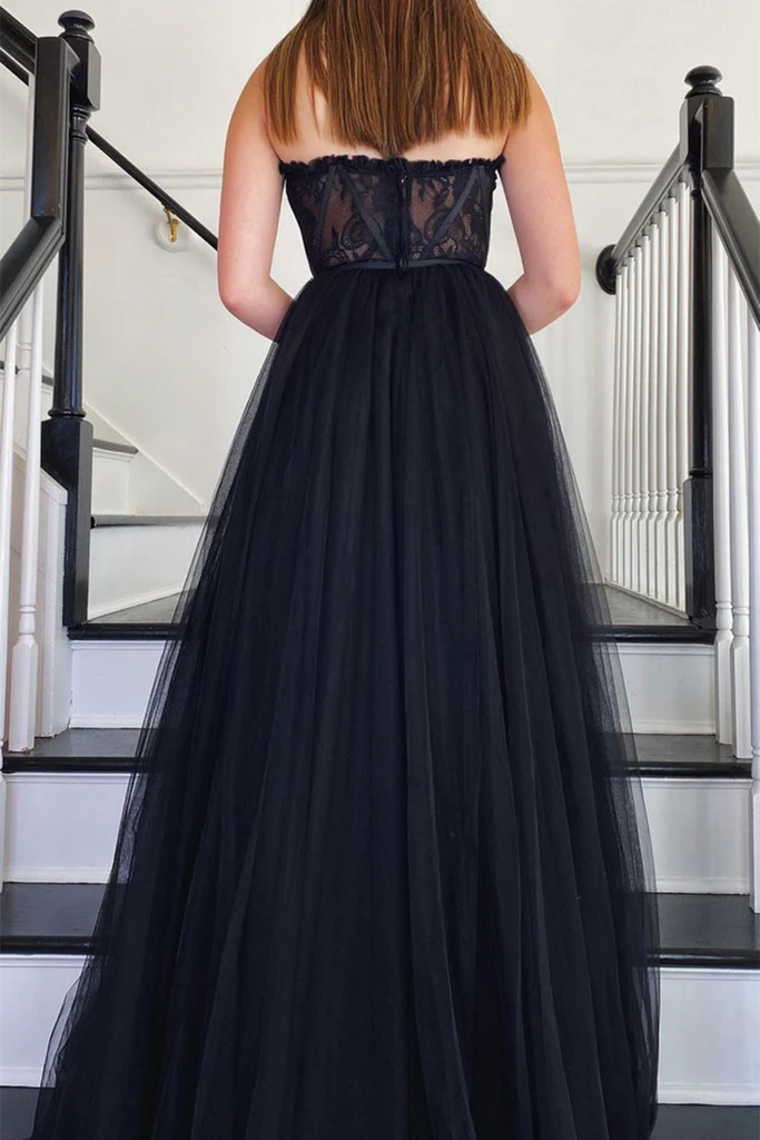 Strapless Black Lace Tulle Long Prom Dress, Black Lace Formal Dress, Black Evening Dress Y205