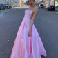 Pink Satin Prom Dress with Pockets, Pink Satin Long Formal Evening Dresses Y237