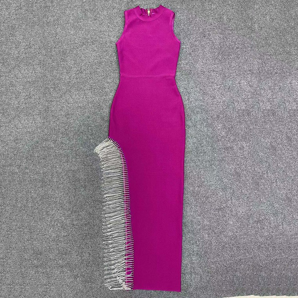 Women's Sexy Shiny Slit Fringe Bandage Dress Elegant Long Evening Dress Y407