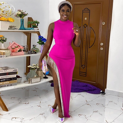 Women's Sexy Shiny Slit Fringe Bandage Dress Elegant Long Evening Dress Y407