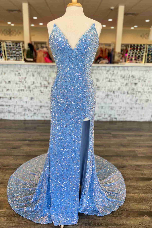 Light Blue V-Neck Sequins Long Prom Dress with Slit Y831