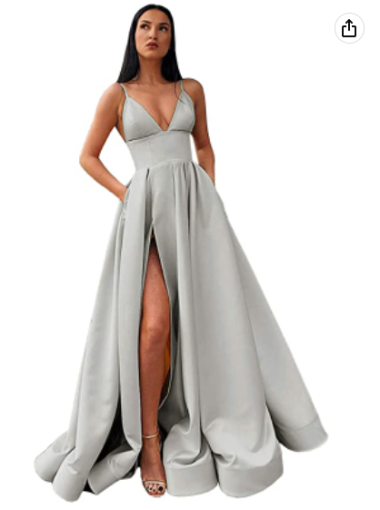 V-Neck Slit Satin Long Prom Dress Spaghetti Strap Evening Ball Gown with Pockets S14431