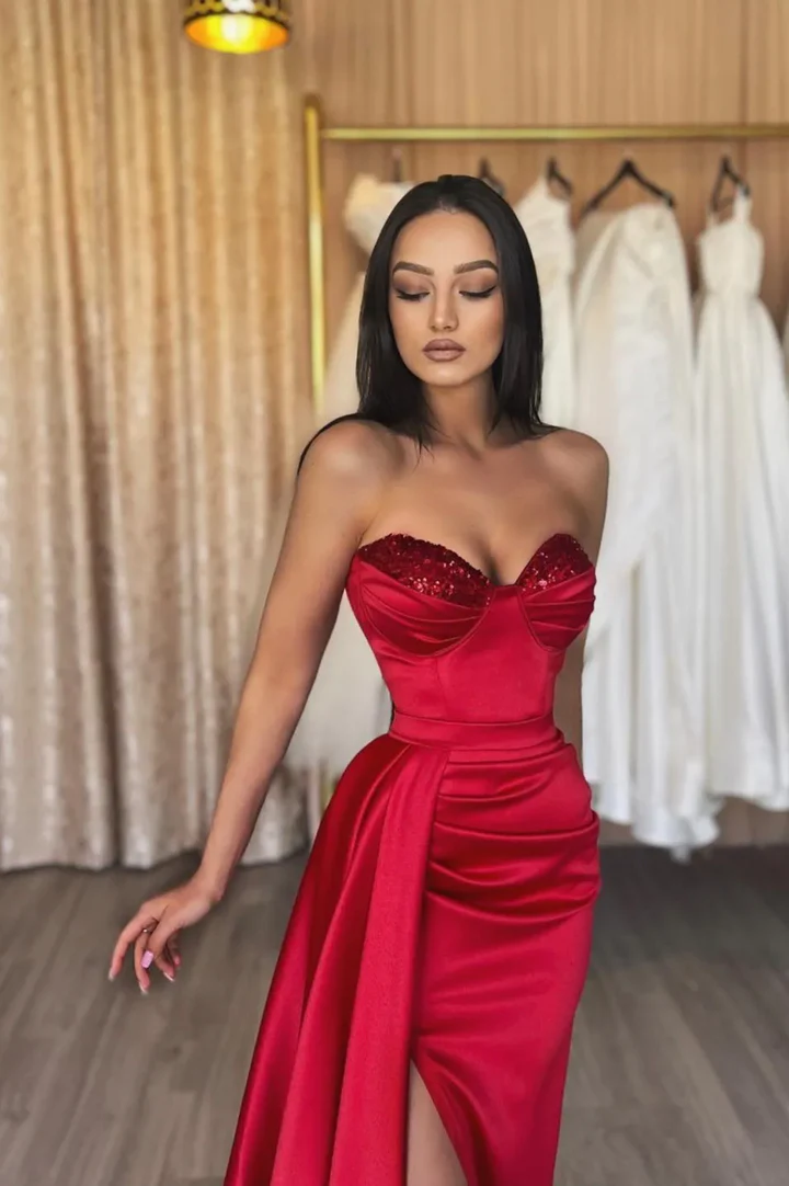 Red satin sequins long prom dress red evening dress  Y82