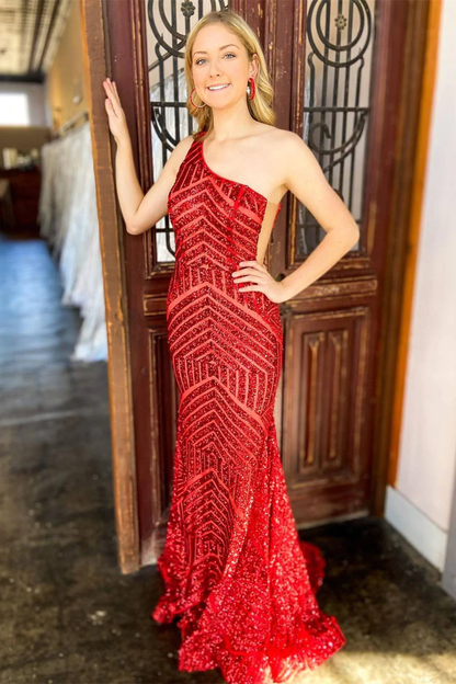 Mermaid One Shoulder Red/Hot Pink Long Prom Dress Y338
