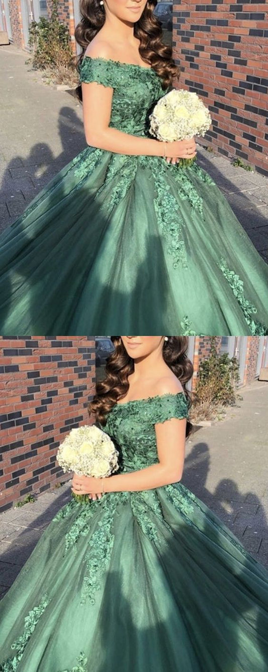 green ball gown prom dresses lace appliques off the shoulder S13881