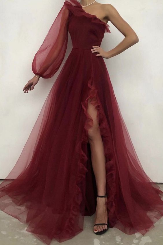 Burgundy tulle prom dress one shoulder evening dress S19581