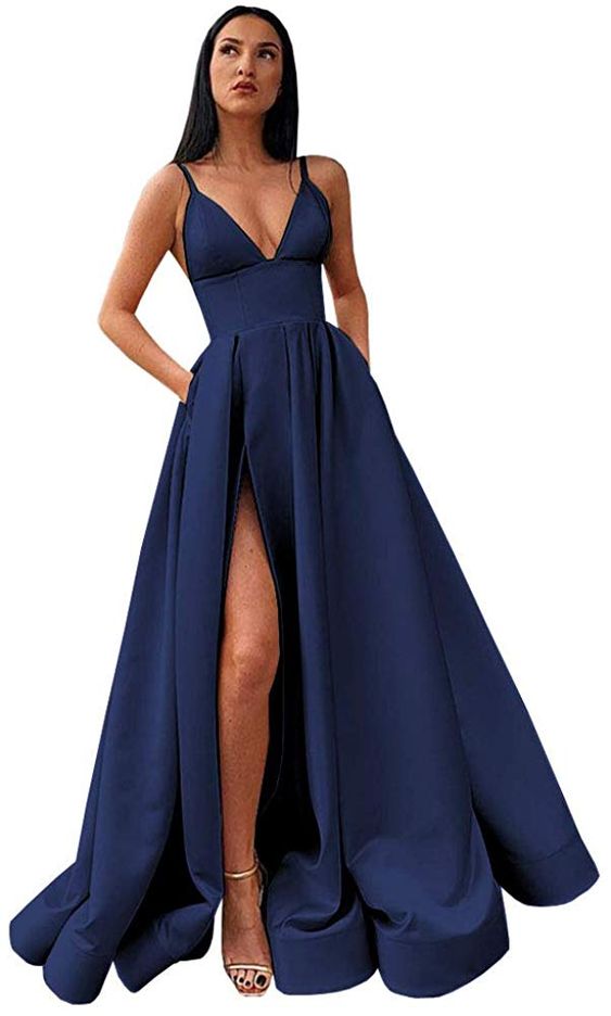 V-Neck Slit Satin Long Prom Dress Spaghetti Strap Evening Ball Gown with Pockets S14431