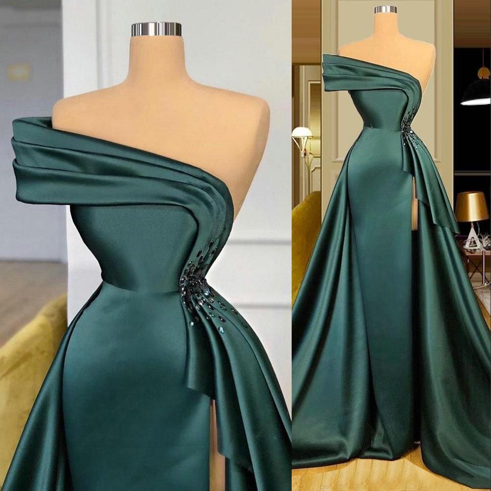 New Long Satin Evening Dresses Wear Elegant Ruched Crystal Beads Split One Shoulder Evening Gowns Formal Women Prom Dresses S23314