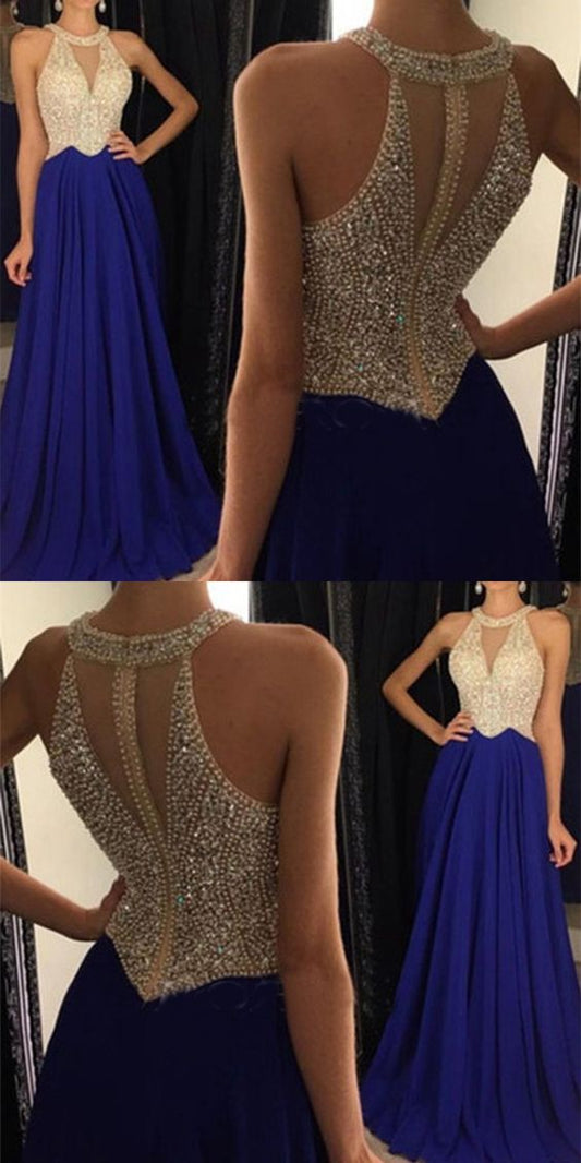 Floor-length Royal Blue A-line Round Neck Chiffon Beaded Long Prom Dress S13270